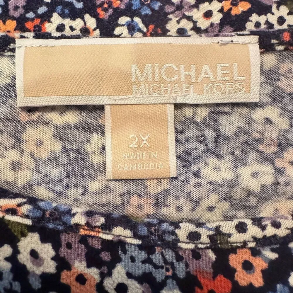 Michael Kors Navy Floral Side Tie Top Cotton Modal Plus Size 2X